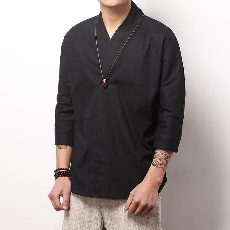 Black V-Neck Causal Kimono Shirt (No Buttons)