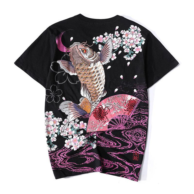 Blossom & Jumping Koi Embroidery T-Shirt