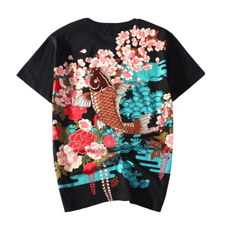 Brown Koi Embroidery T-Shirt