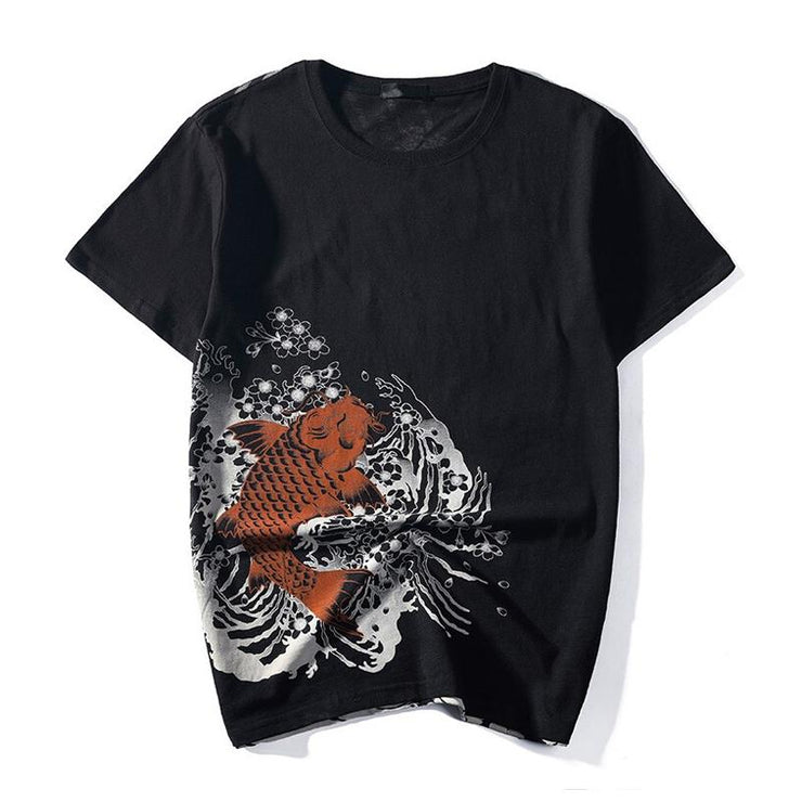 Brown Koi Sakura Embroidery T-Shirt