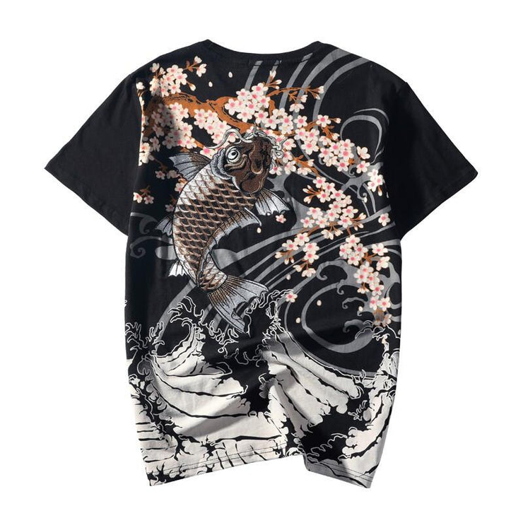 Brown Koi Sakura Embroidery T-Shirt