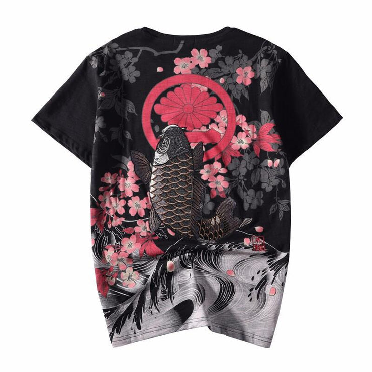 Red Sakura Koi Embroidery T-Shirt