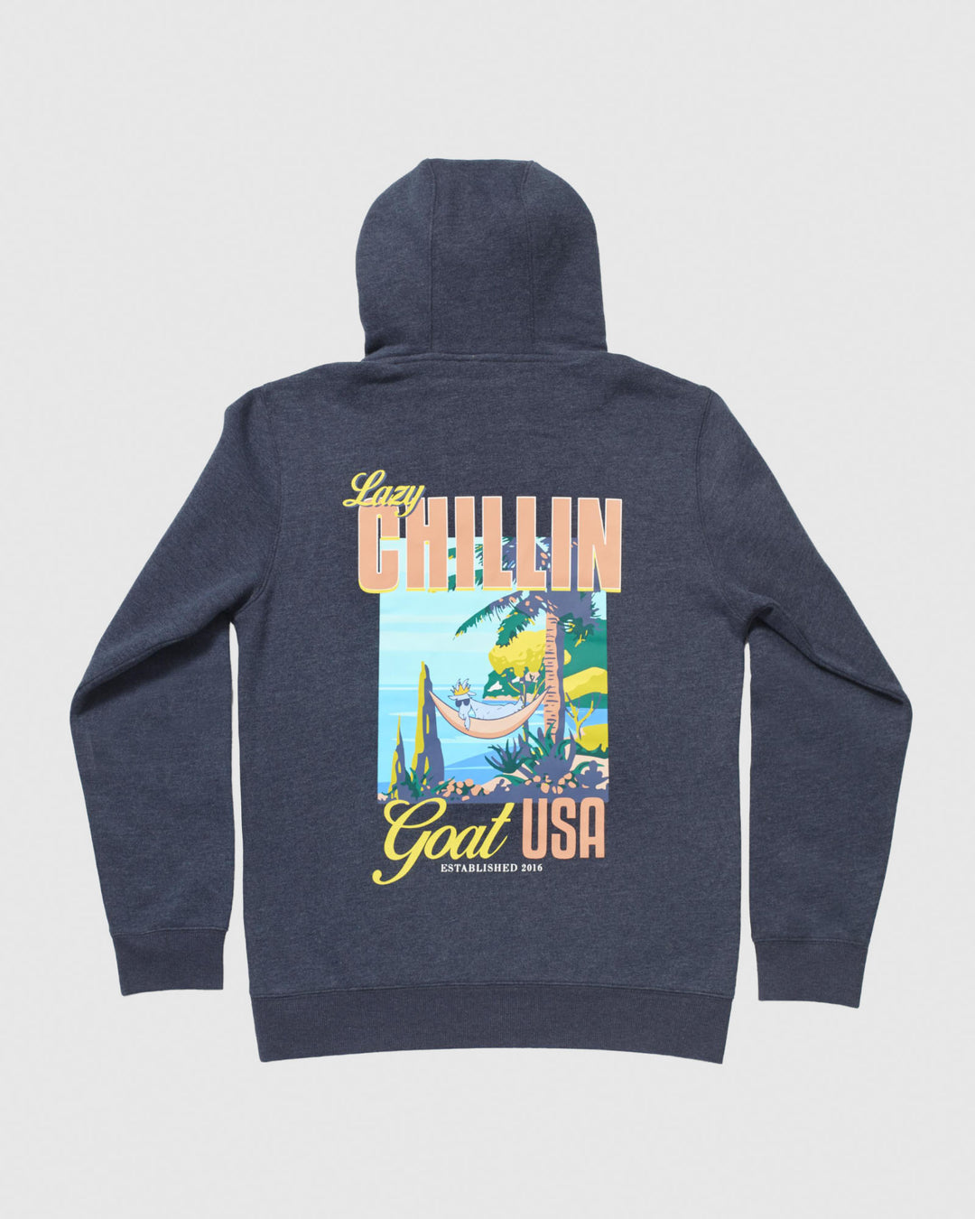 Navy sweatshirt with goat on hammock design