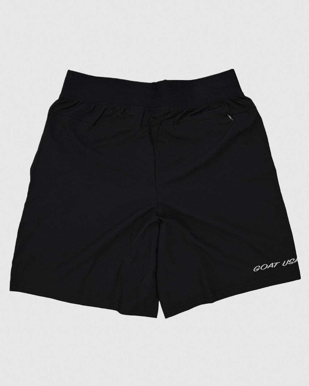 Backside of black athletic shorts