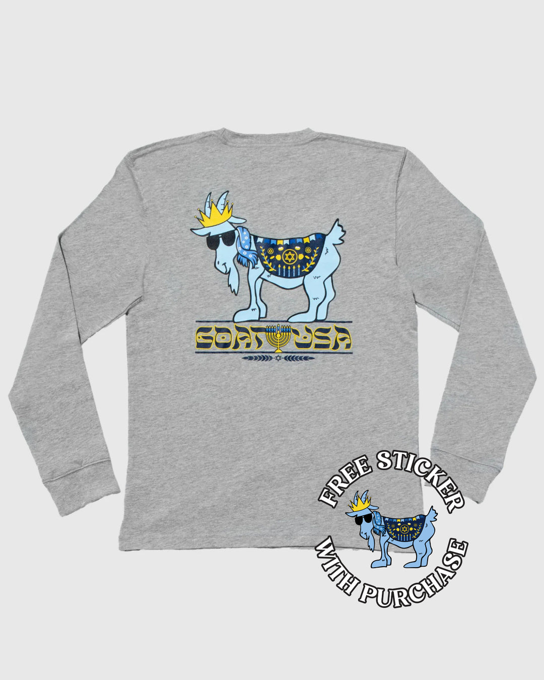 Hanukkah themed gray long sleeve with goat