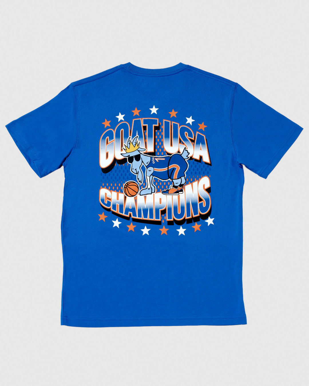 Back of royal t-shirt that reads GOAT USA champions with basketball goat