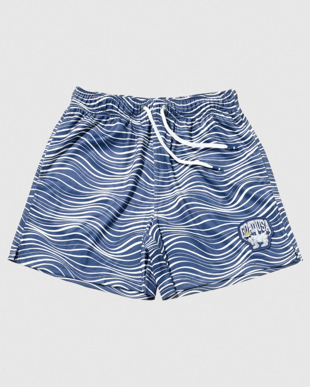 Front of navy mesh shorts with wave design#color_navy