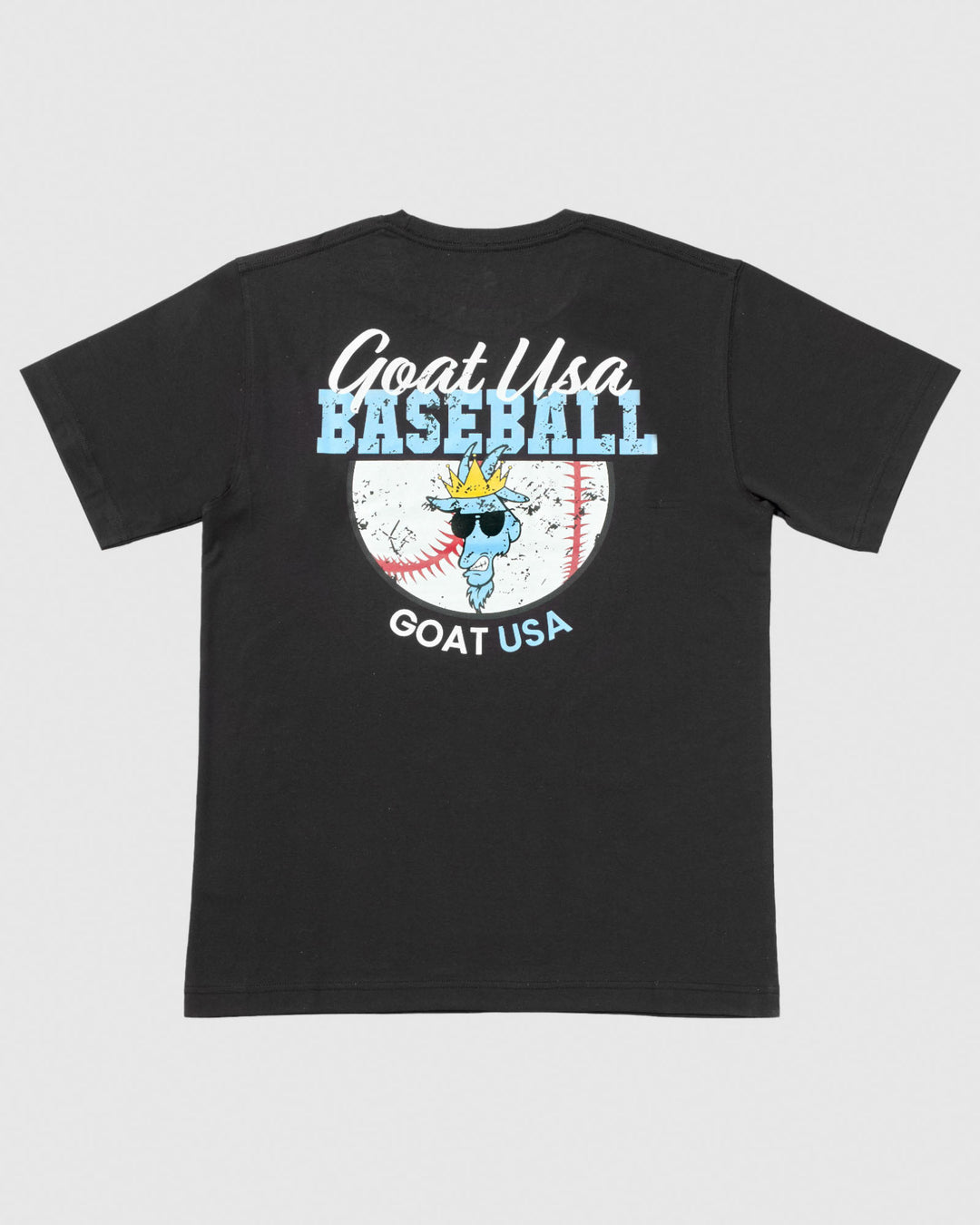 Back of black t-shirt with baseball goat design