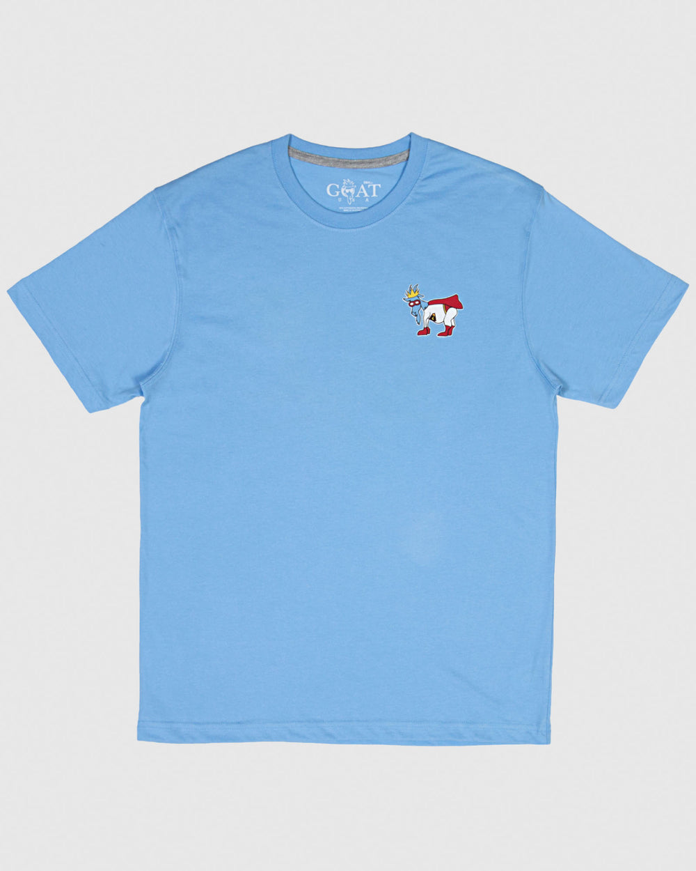 Carolina blue t-shirt with superhero goat