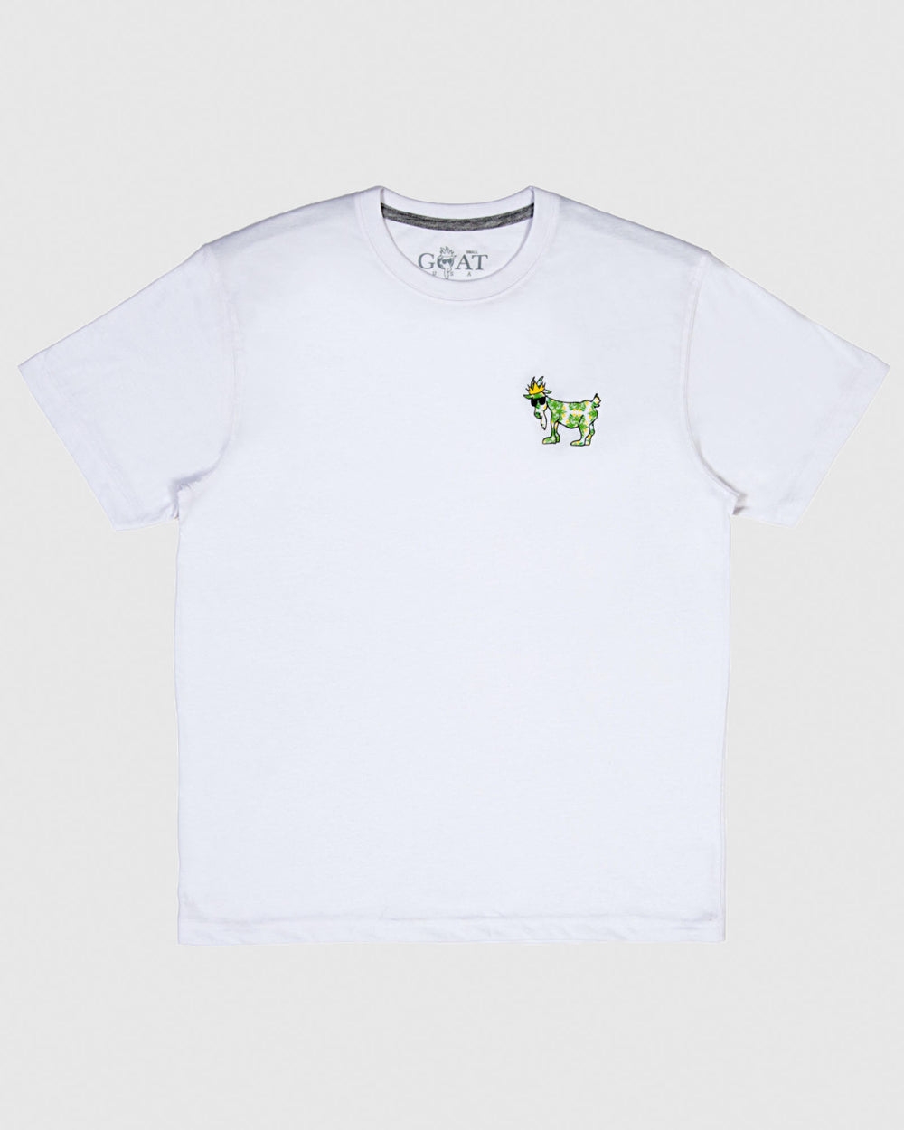 White t-shirt with yellow/green floral goat