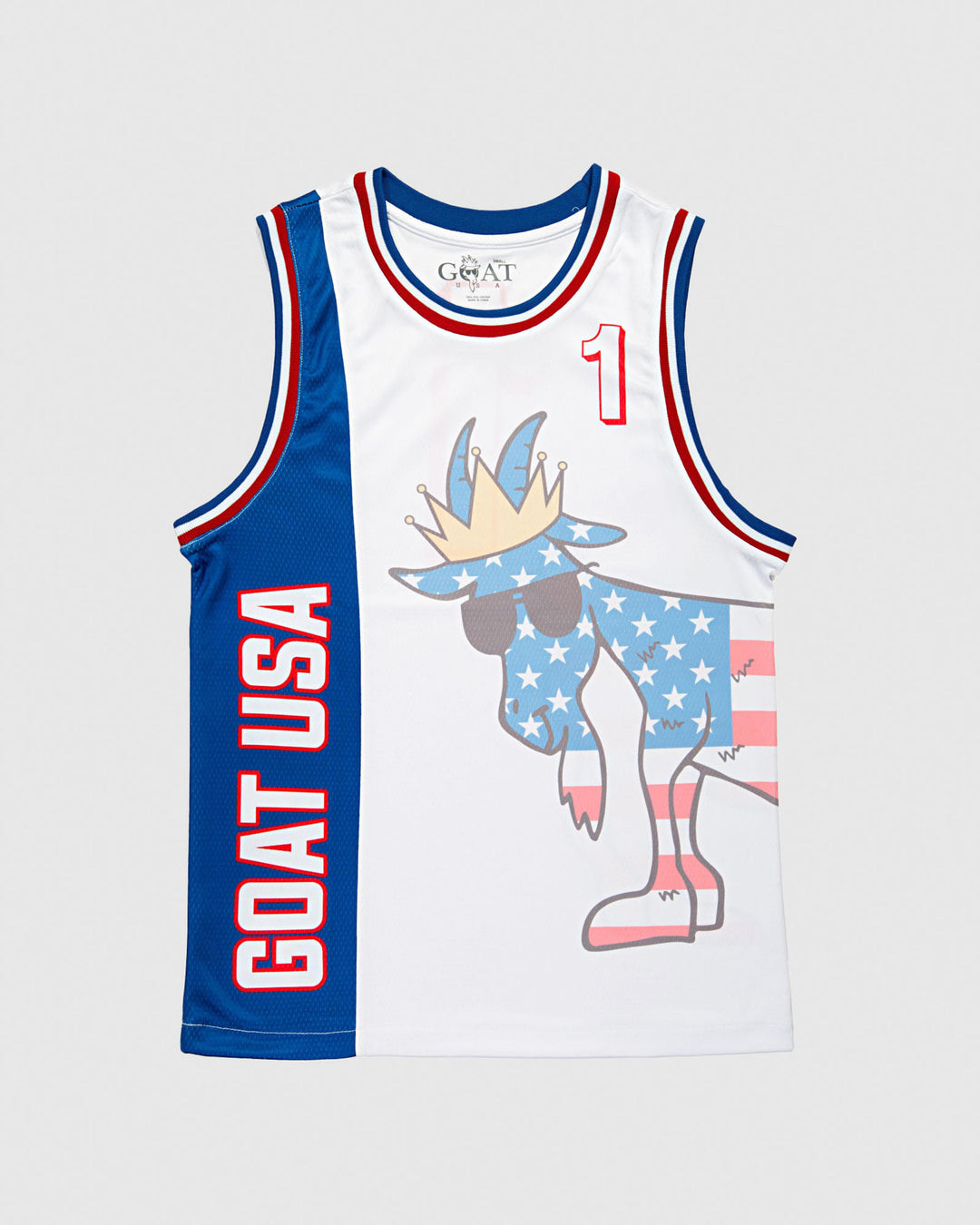 Red, white and blue jersey with large American flag goat that wraps around