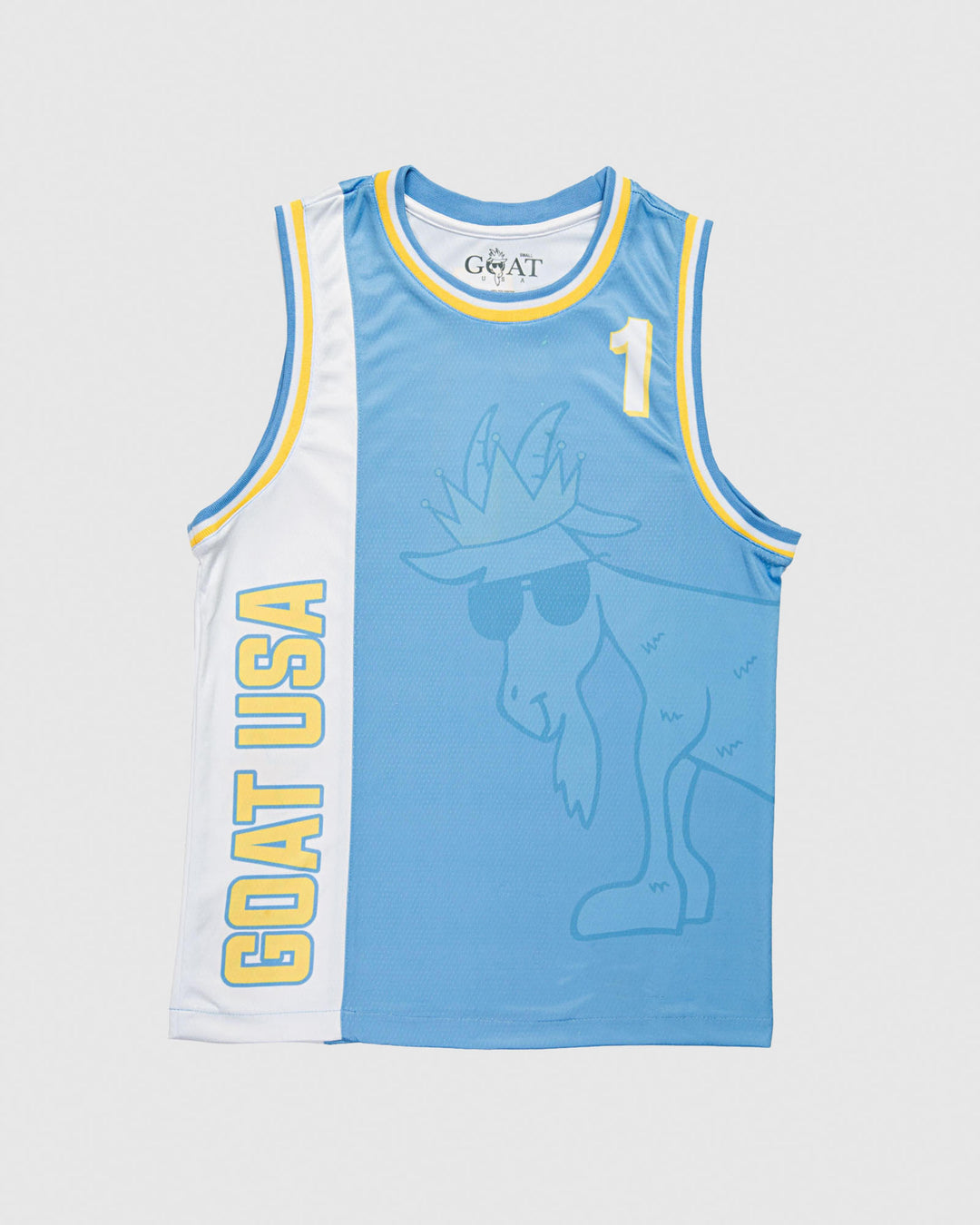 Carolina blue, white and gold jersey with goat design that wraps around