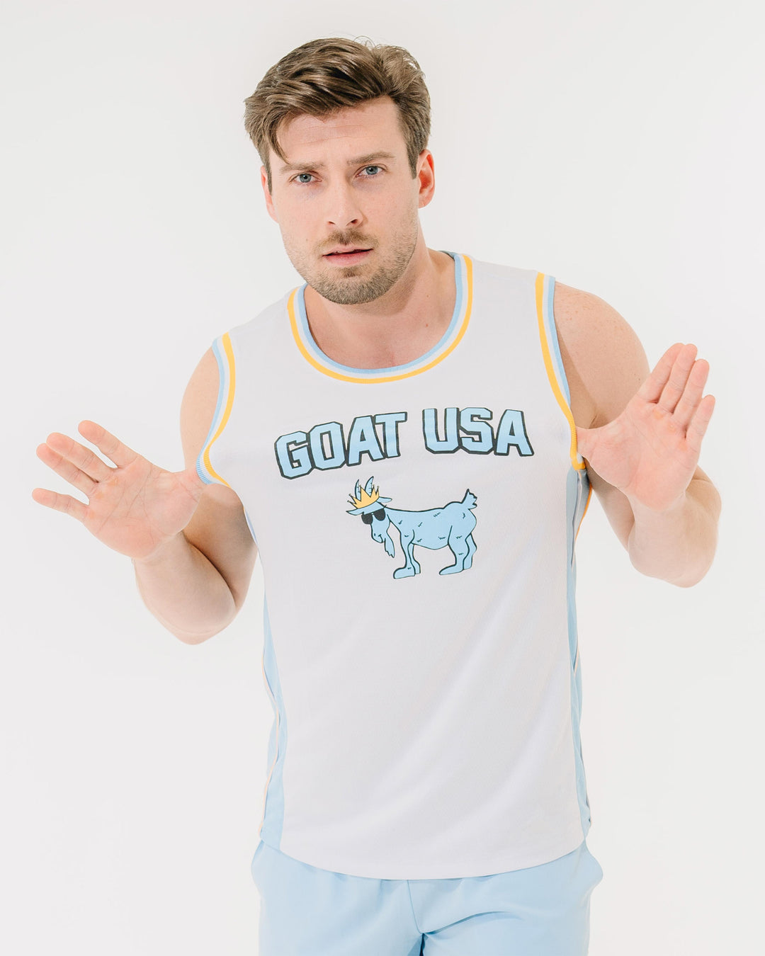 Model wearing white OG Basketball Jersey#color_white