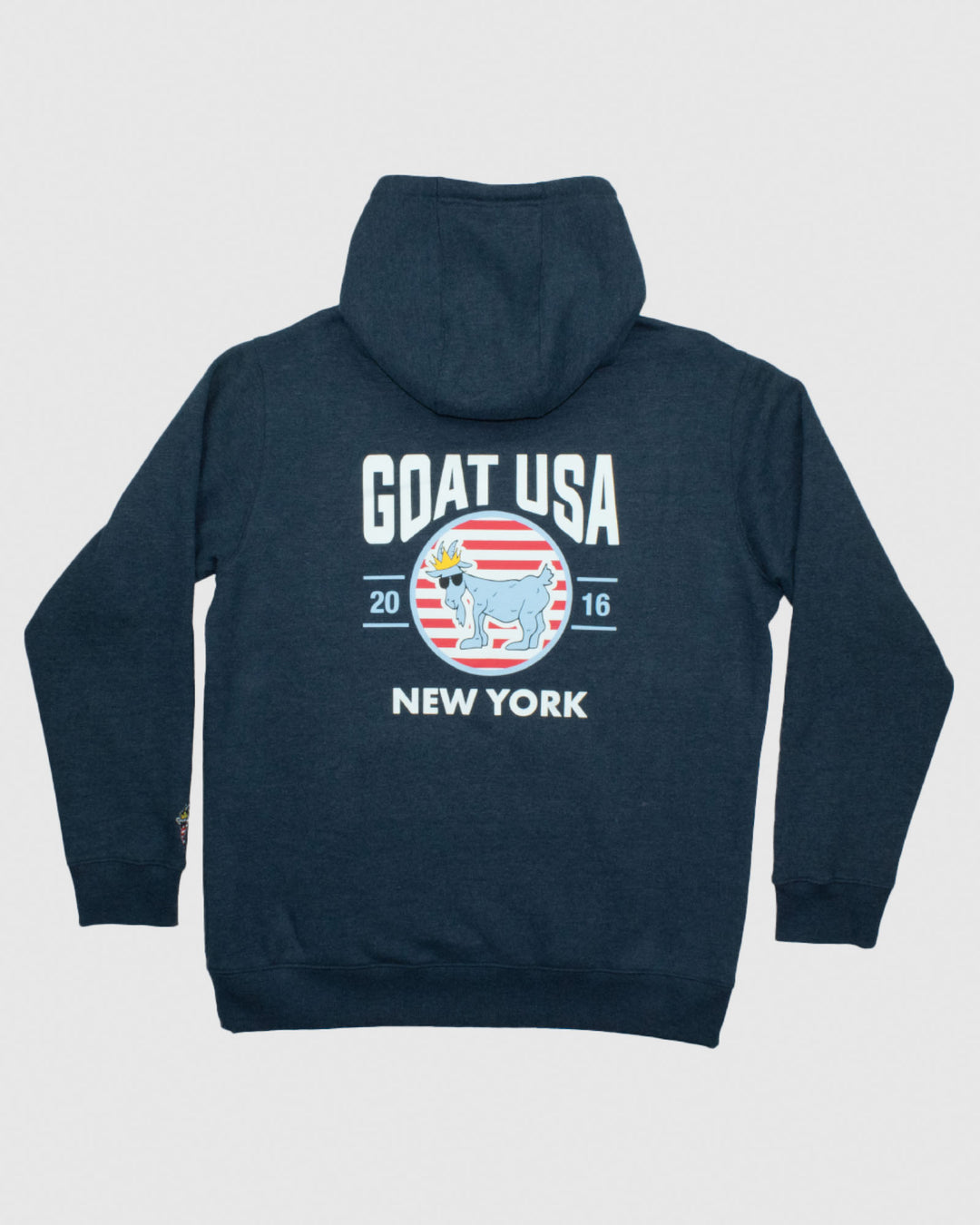 Back of navy New York Roots Hooded Sweatshirt