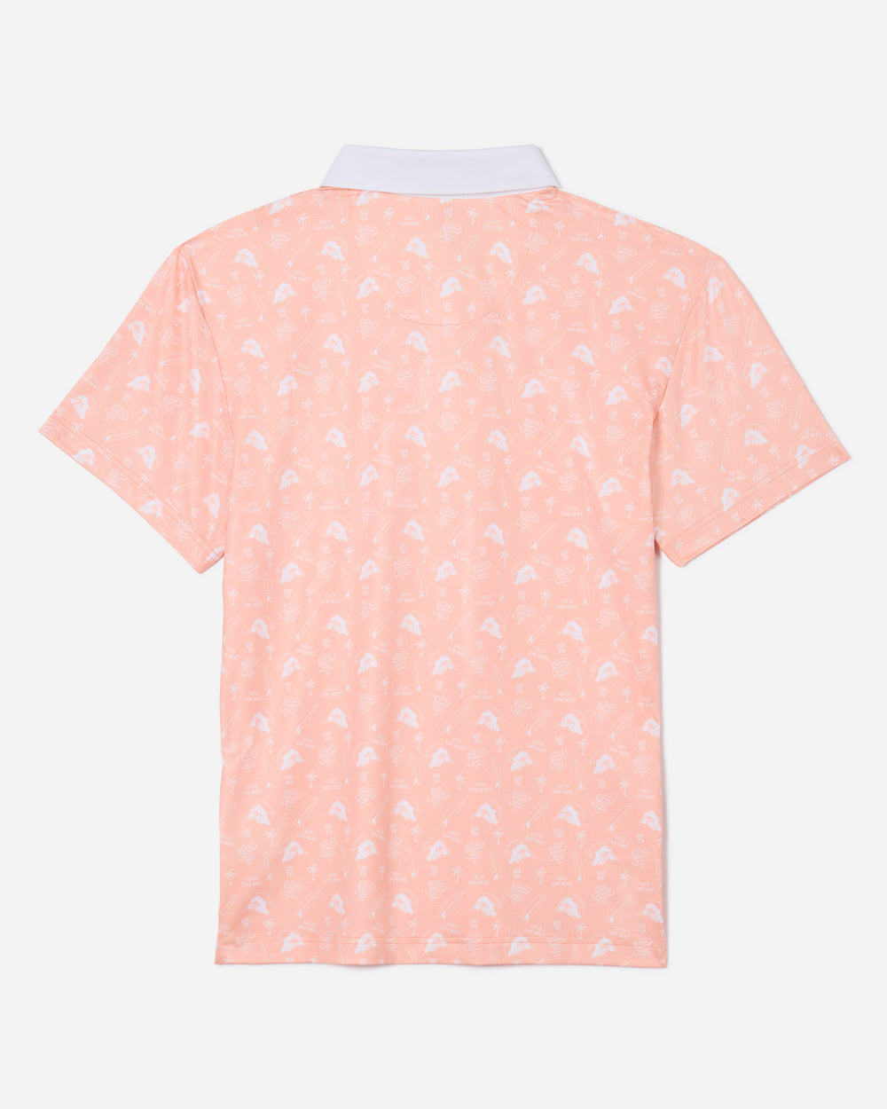 Back of peach-cream colored polo with surf inspired pattern