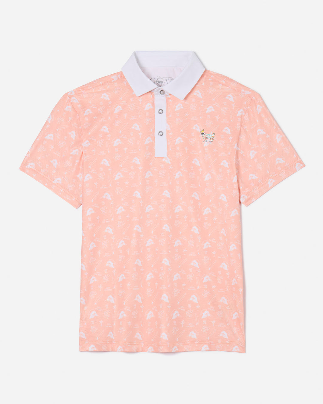 Front of peach-cream colored polo with surf inspired pattern