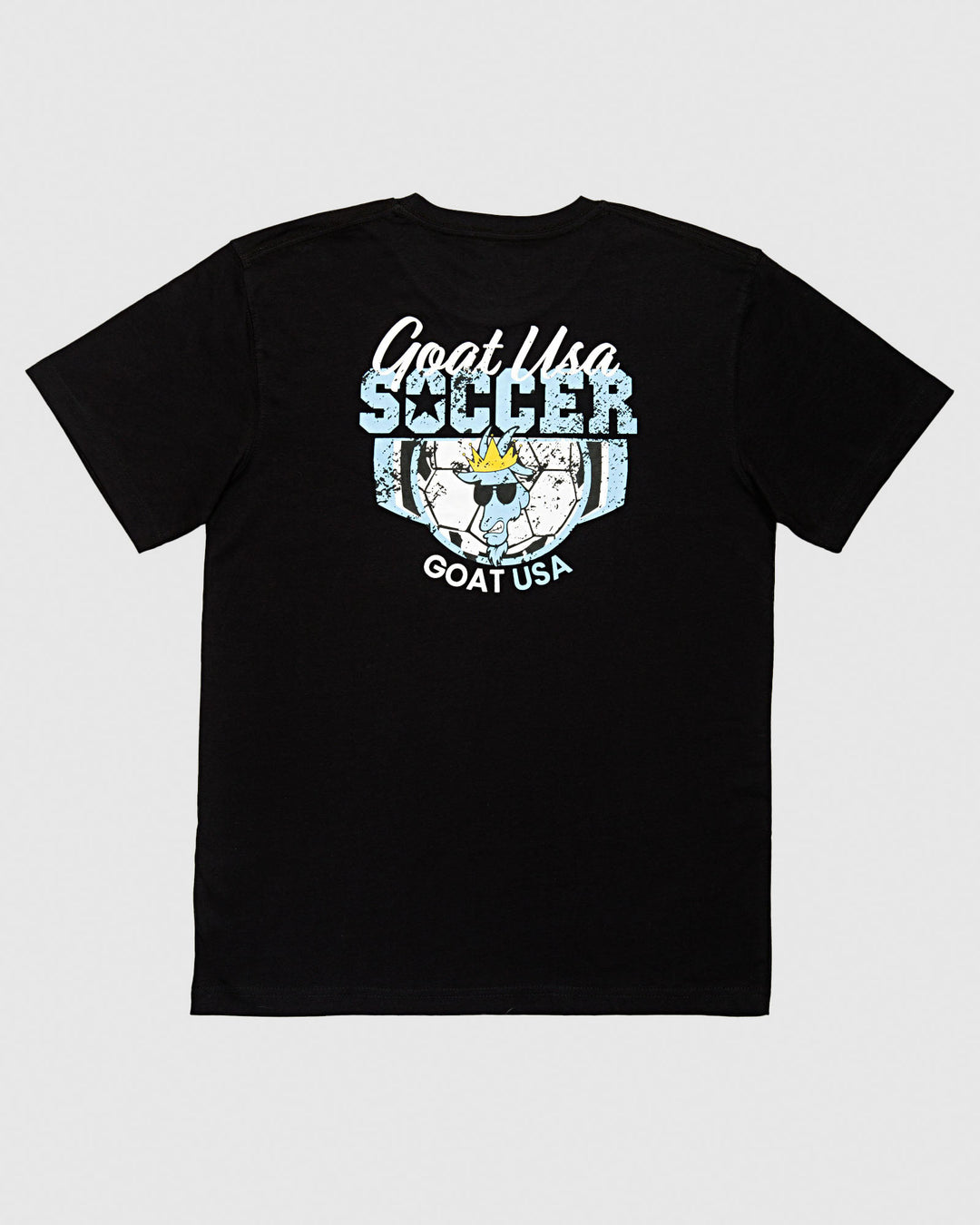 Back of black t-shirt with soccer design that reads "GOAT USA SOCCER"