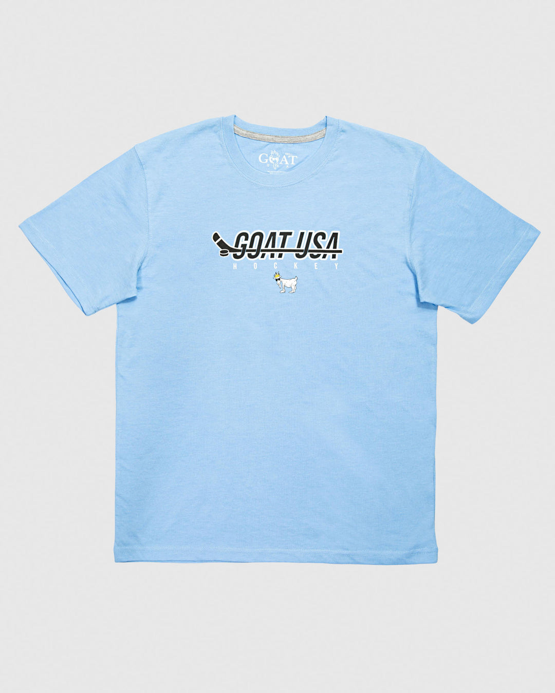 Carolina blue shirt with hockey stick that goes through the wording "GOAT USA"