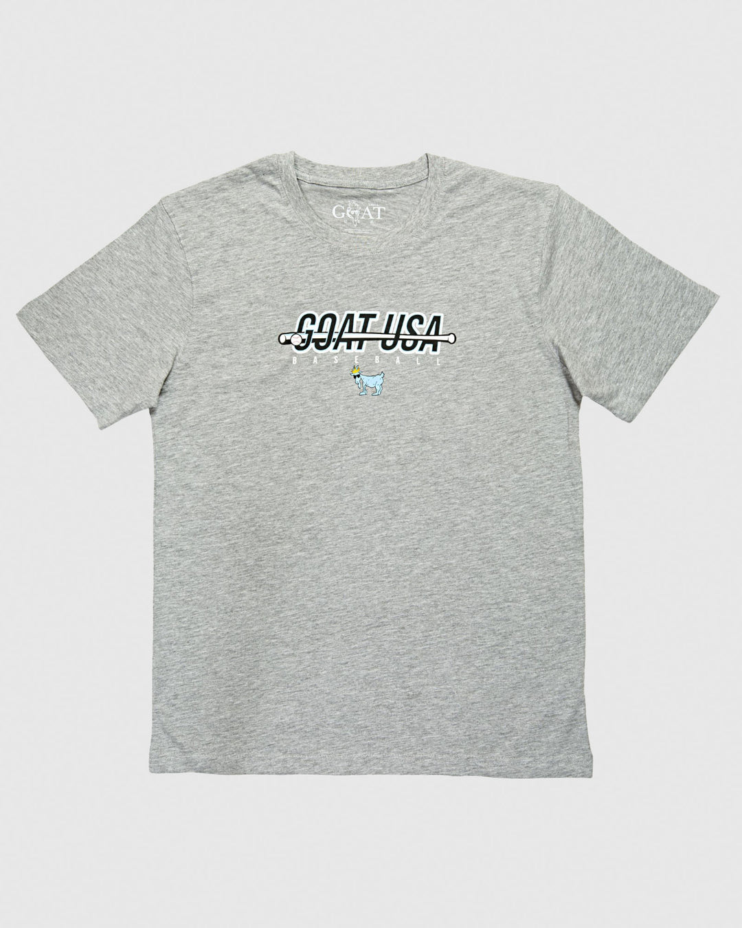 Gray shirt with baseball bat that goes through the wording "GOAT USA"