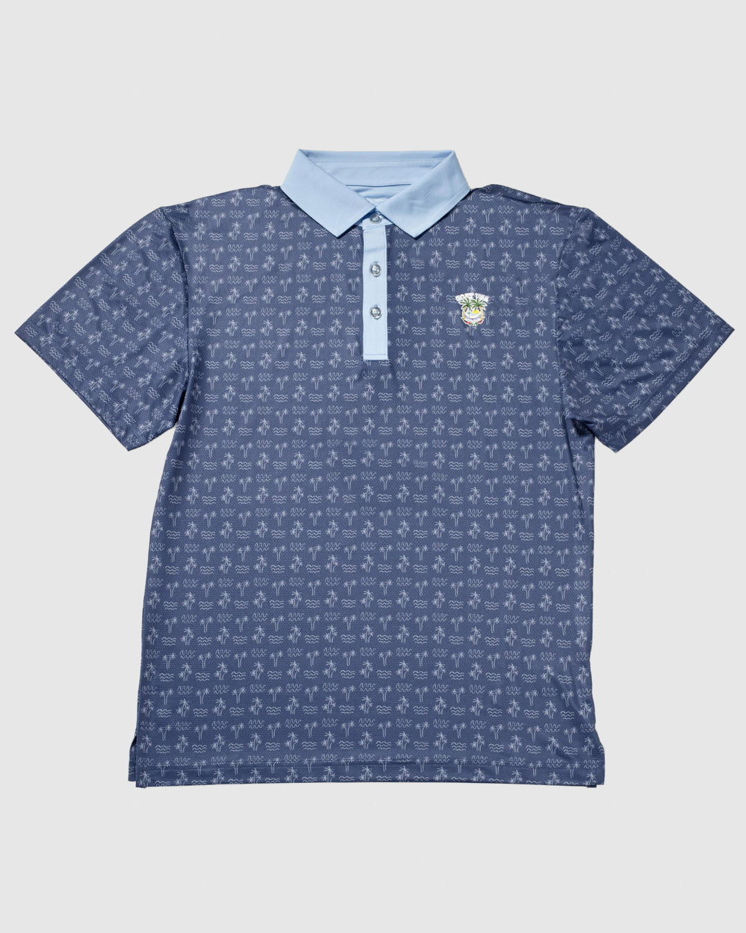 Front of navy colored polo with palm tree pattern