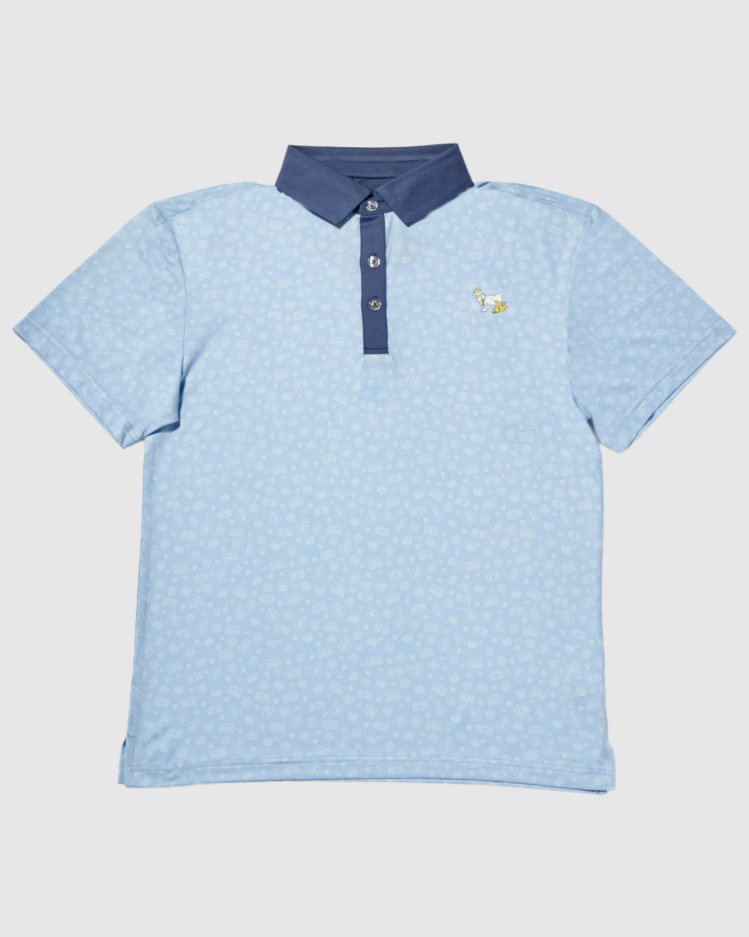 Front of carolina-blue colored polo with cash money pattern