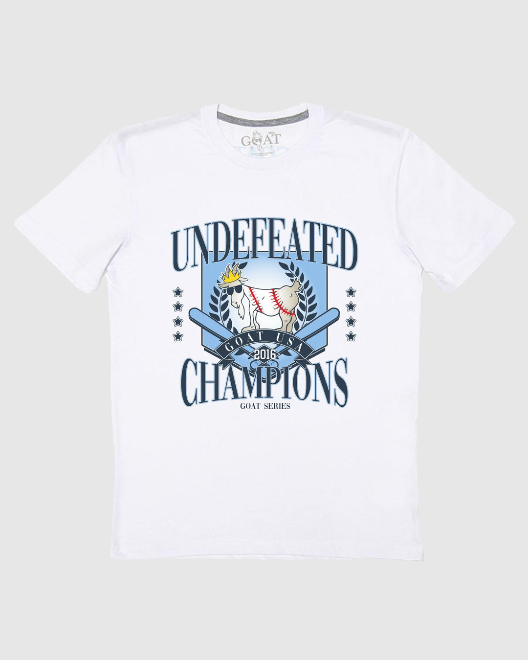 White t-shirt that reads 'Undefeated Champions' with baseball goat design