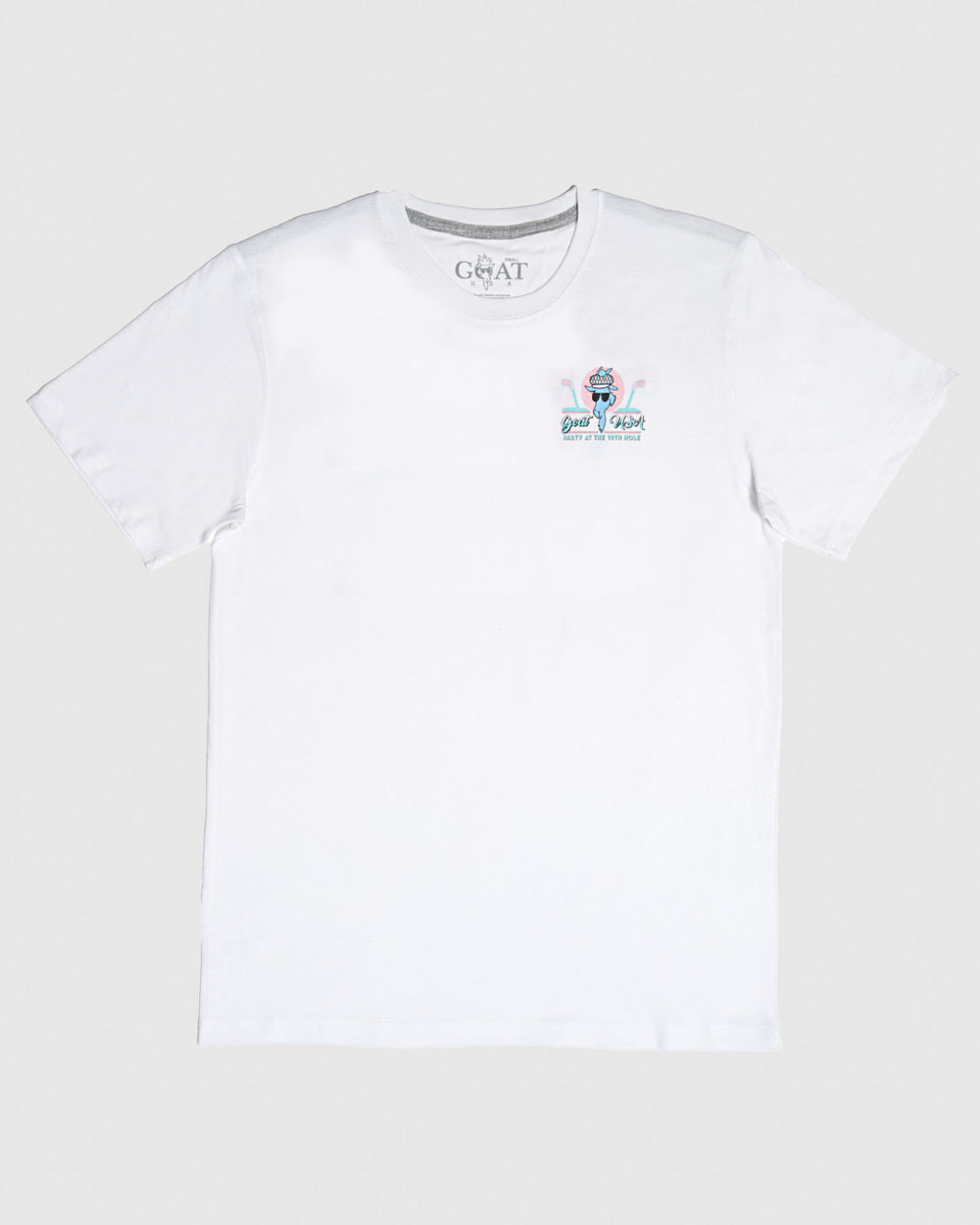 Front of white t-shirt with pink and blue golf design that reads "Party at the 19th Hole"